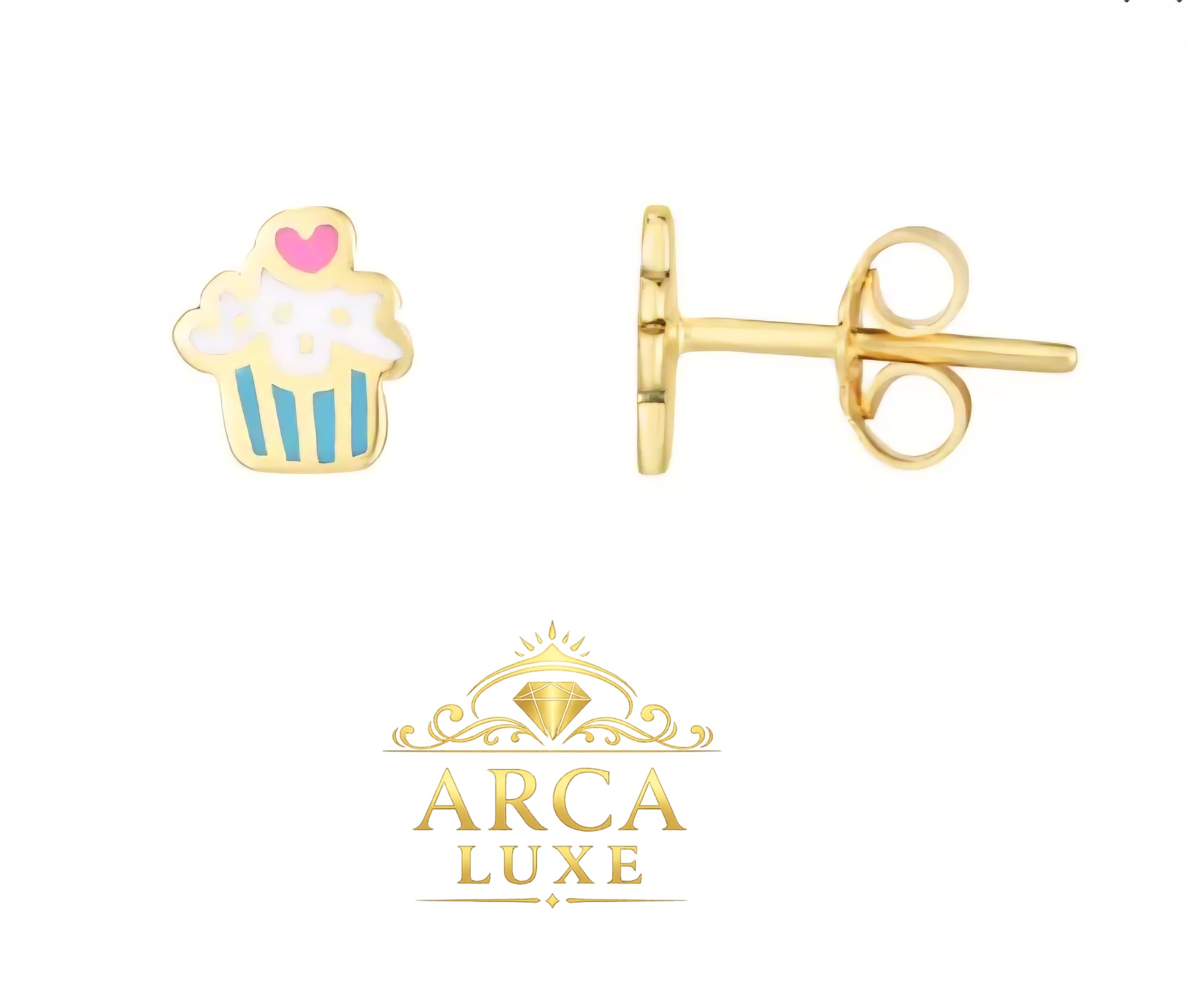 14K Gold Enamel Cupcake Stud Earrings – Kids Gold Earrings