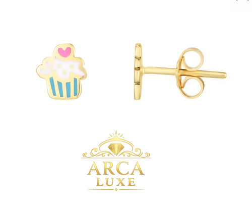 14K Gold Enamel Cupcake Stud Earrings – Kids Gold Earrings