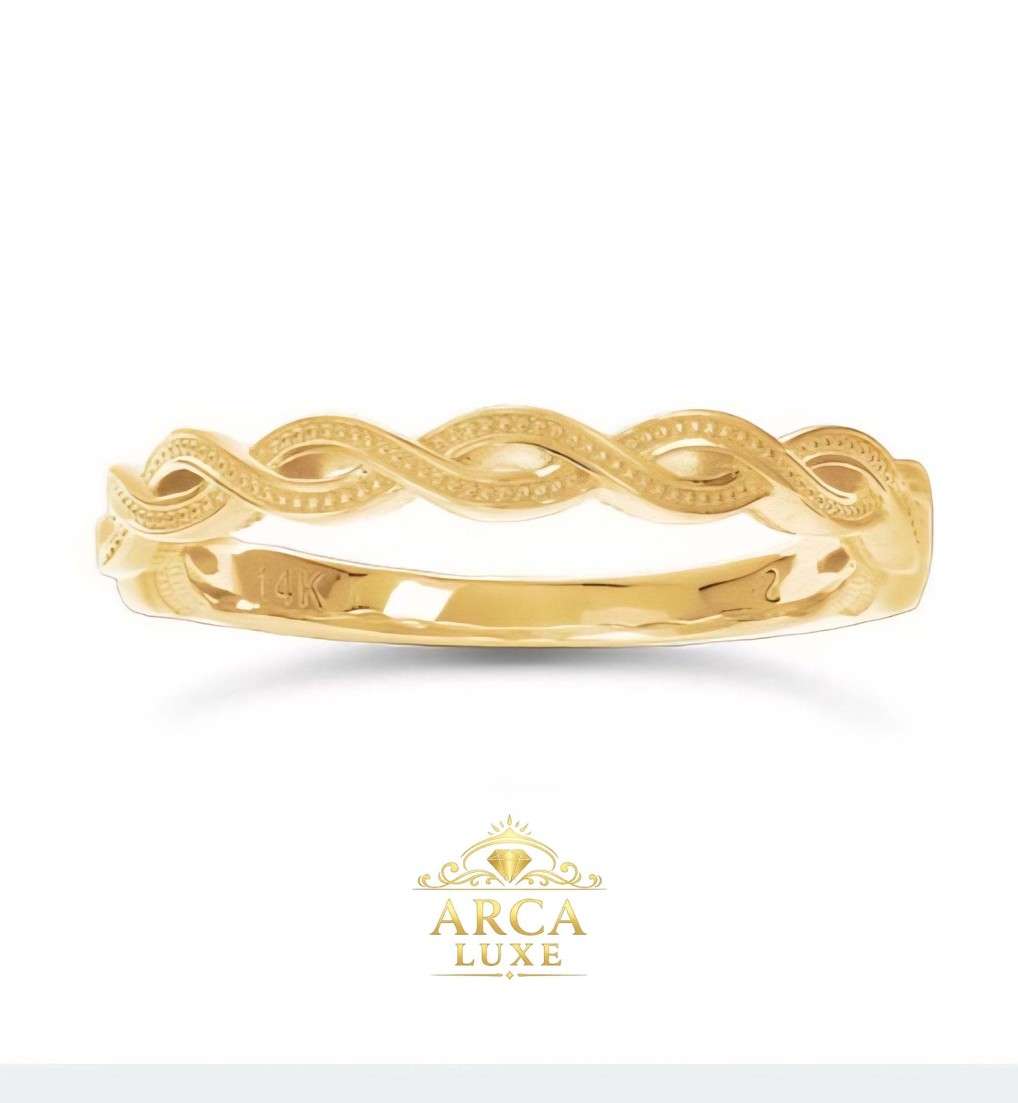 14K Solid Yellow Gold Twist Wedding Band Ring – 2mm Elegant Milgrain Design Size 7