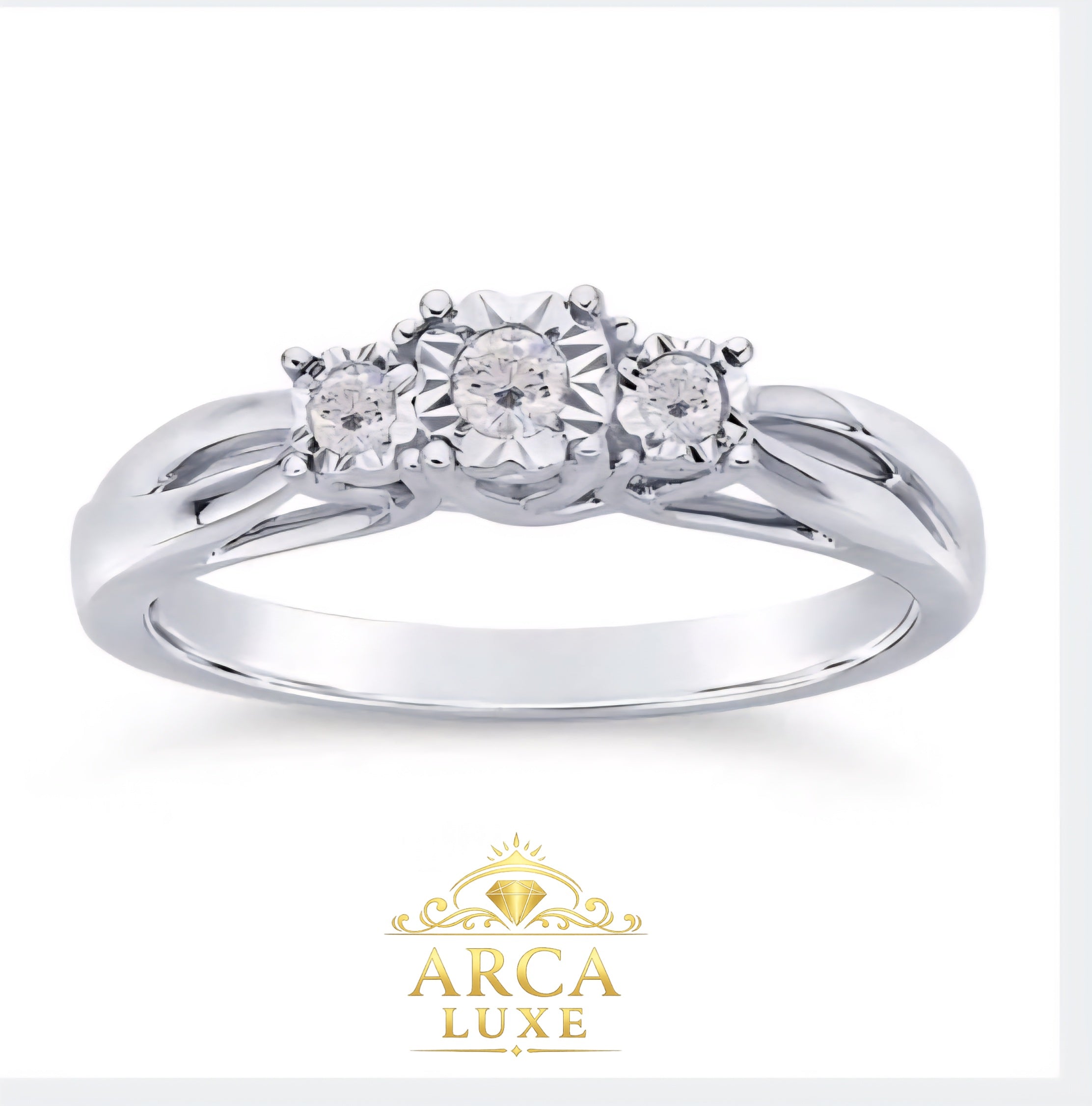 14K White Gold Three-Stone Diamond Ring – 0.13 CTW Round Diamonds Size 7-8