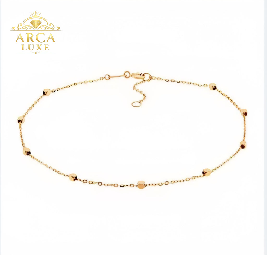 Arca Luxe 14K Solid Gold Beaded Anklet – Diamond Cut Square Beads 10"