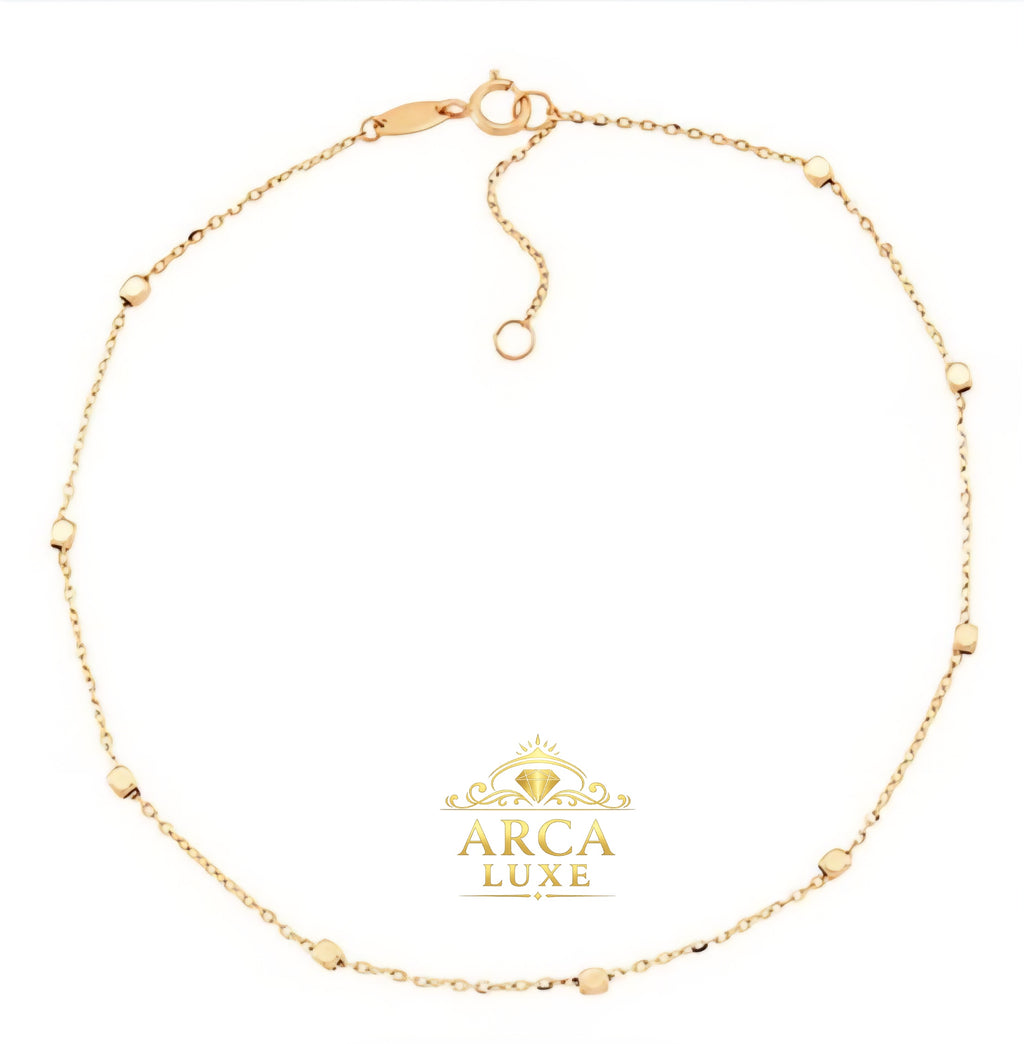 Arca Luxe 14K Solid Gold Beaded Anklet – Diamond Cut Square Beads 10"