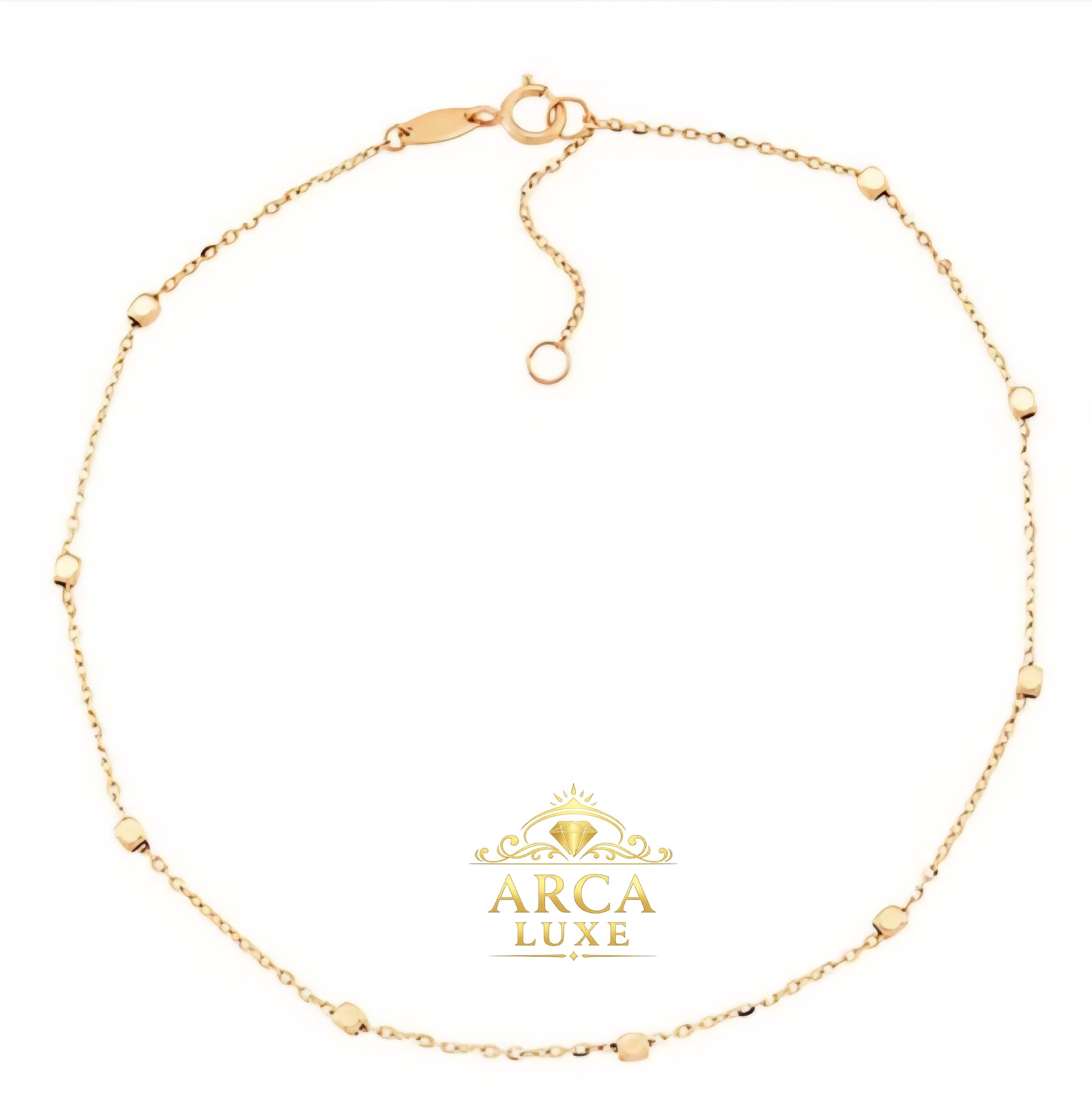 Arca Luxe 14K Solid Gold Beaded Anklet – Diamond Cut Square Beads 10"
