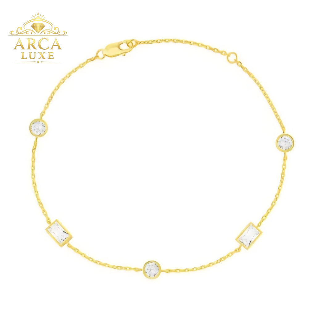 Arca Luxe 14K Gold Sapphire Bracelet – Round & Baguette White Sapphires