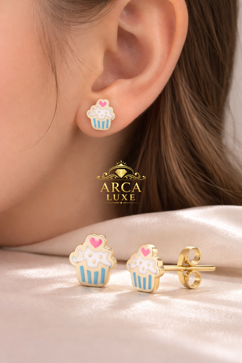 14K Gold Enamel Cupcake Stud Earrings – Kids Gold Earrings