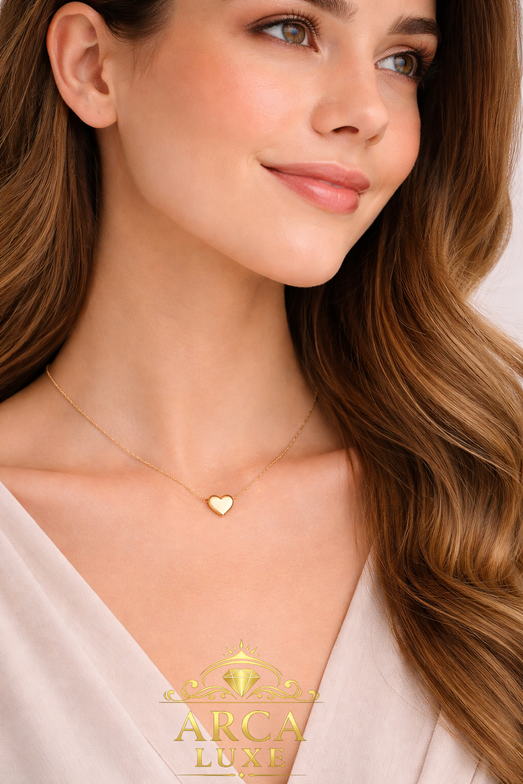 14K Yellow Gold Heart Festoon Necklace – Delicate Cable Chain Pendant (18")