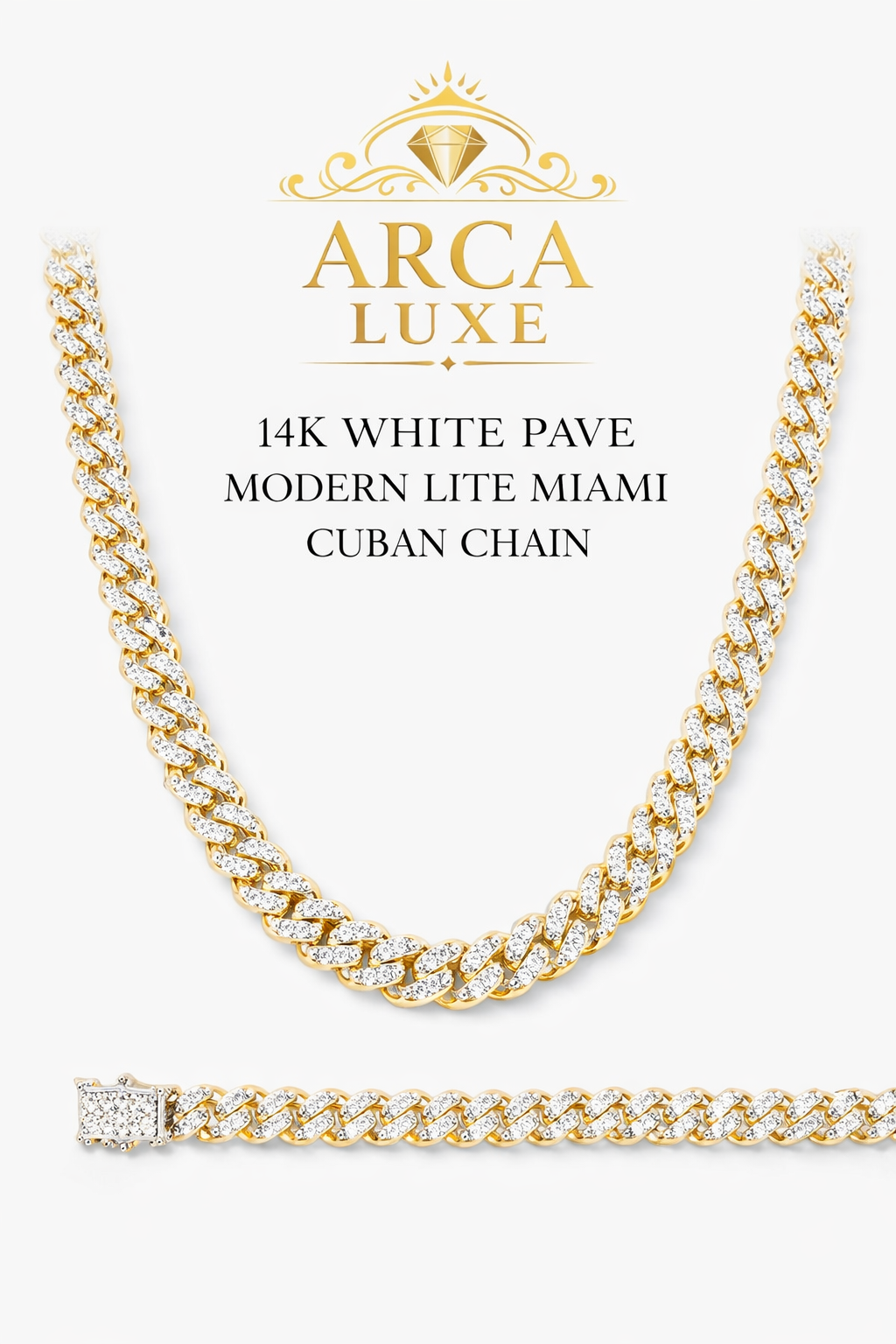14K Yellow Gold 8mm White Pavé Miami Cuban Chain – Modern Lite with Secure Double Box Clasp