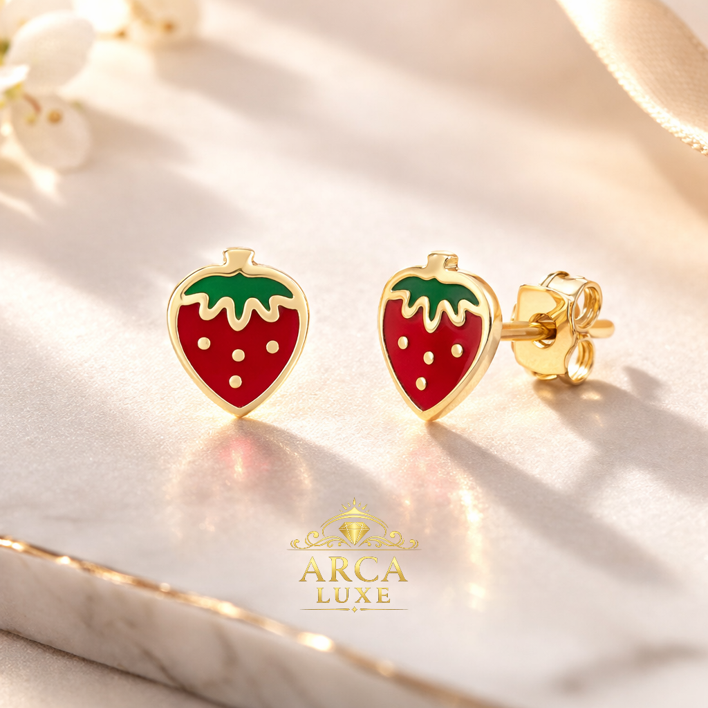 14K Gold Enamel Strawberry Stud Earrings – Kids Gold Earrings