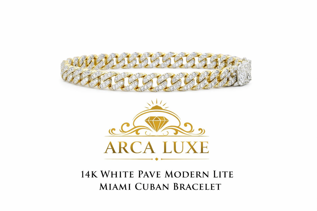 14K Yellow Gold 8mm White Pavé Miami Cuban Chain – Modern Lite with Secure Double Box Clasp
