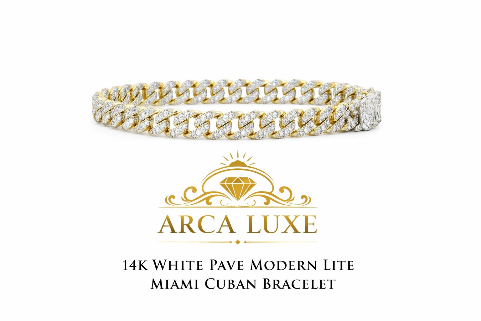 14K Yellow Gold 8mm White Pavé Miami Cuban Chain – Modern Lite with Secure Double Box Clasp