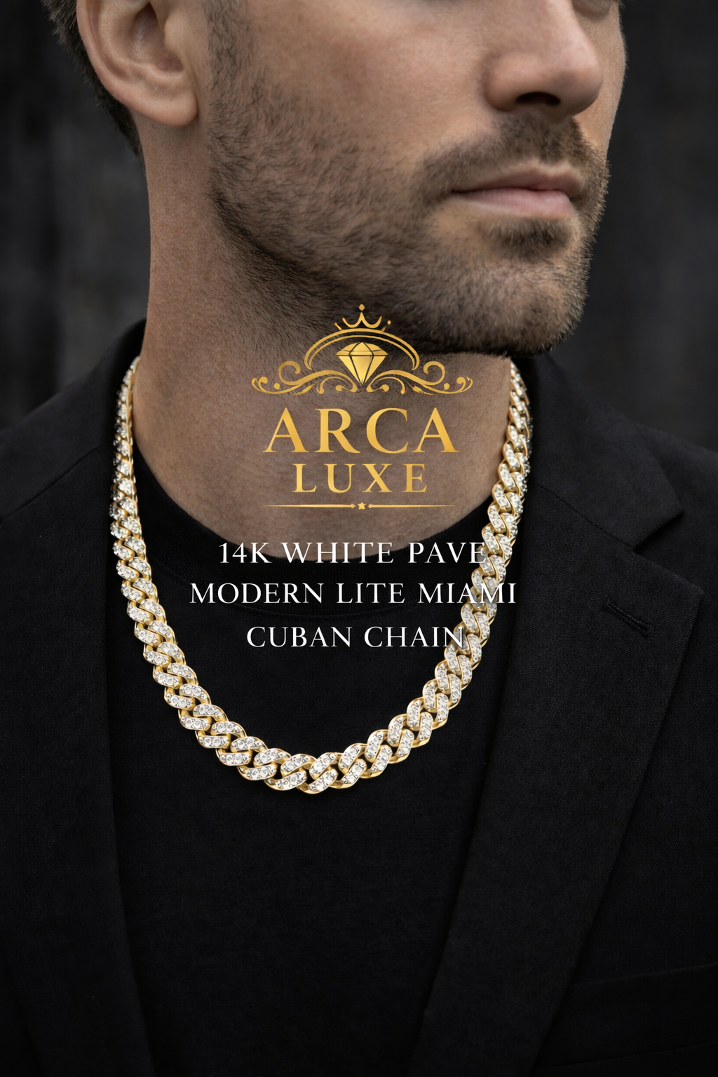 14K Yellow Gold 8mm White Pavé Miami Cuban Chain – Modern Lite with Secure Double Box Clasp