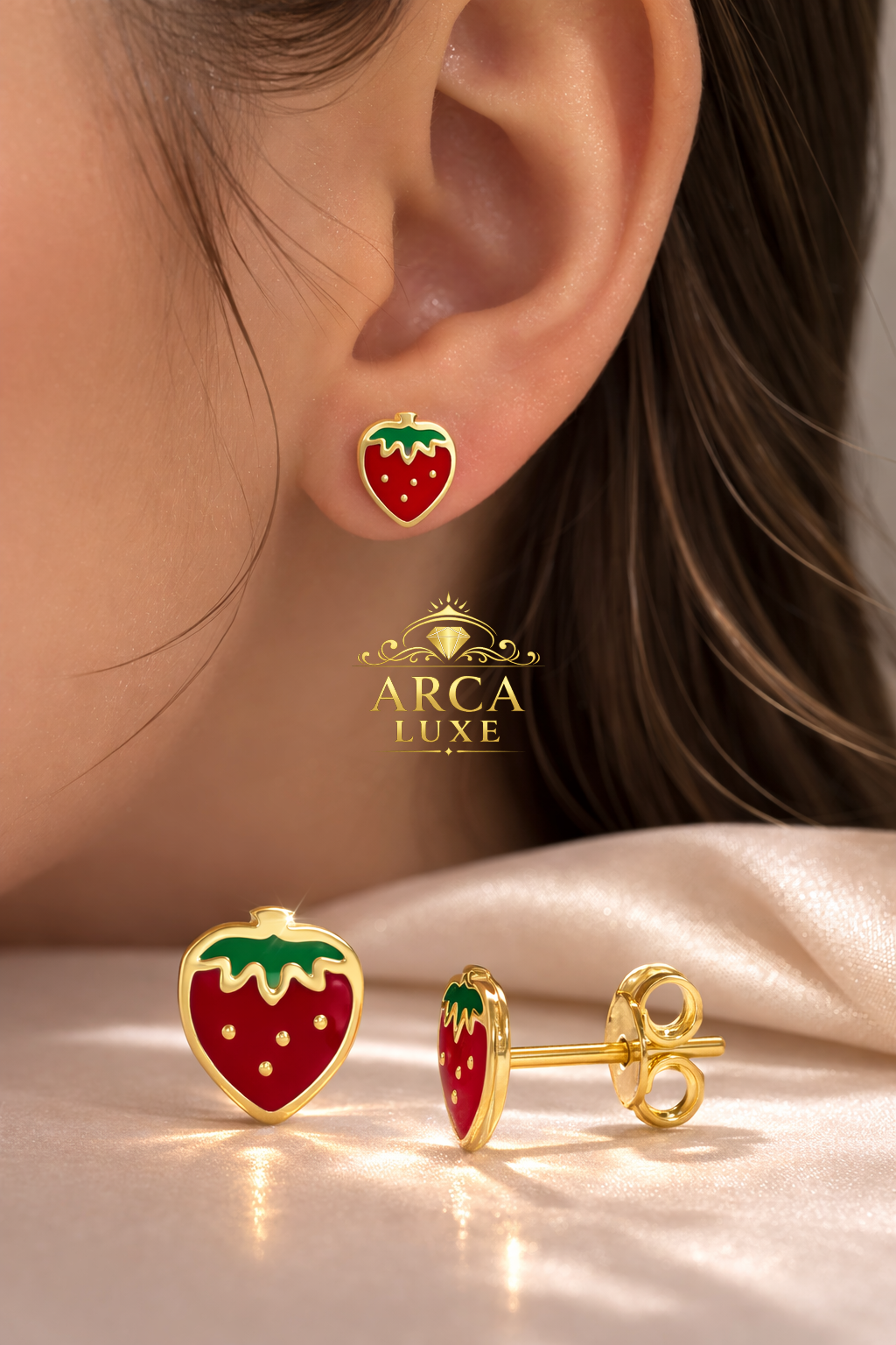 14K Gold Enamel Strawberry Stud Earrings – Kids Gold Earrings