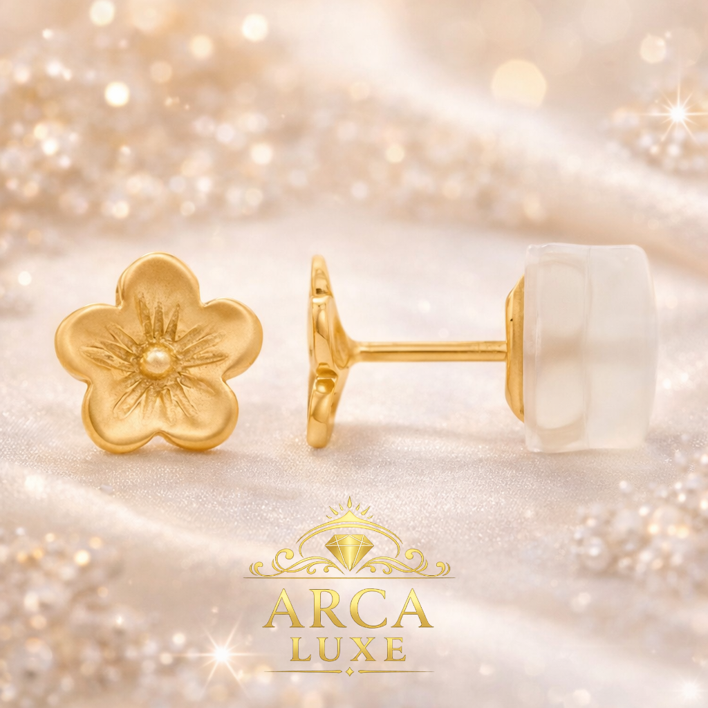 14K Yellow Gold Cherry Blossom Stud Earrings – Solid Gold Floral Post Earrings (6.2mm)