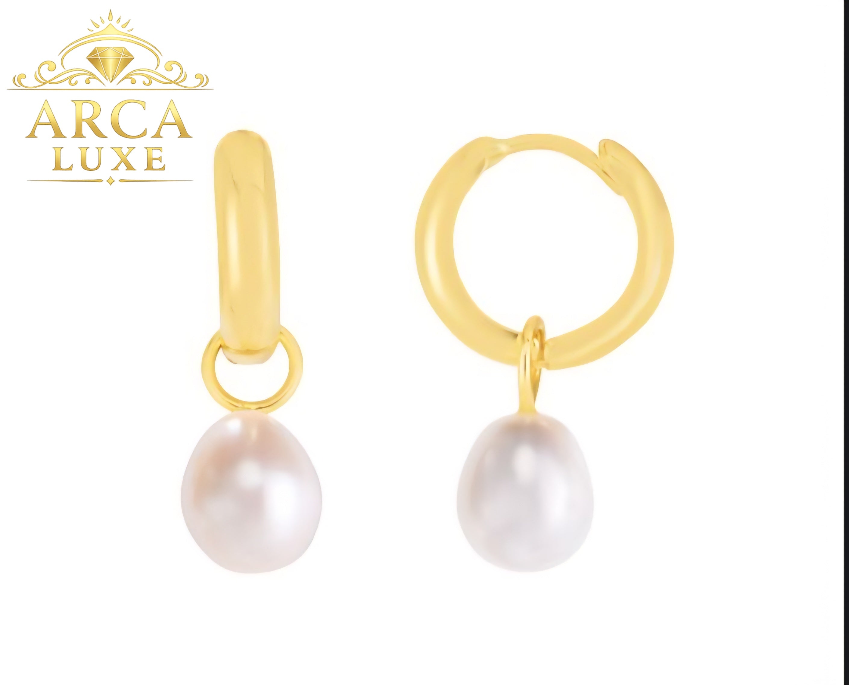 14K Solid Gold Pearl Drop Huggie Earrings – Elegant Minimalist Luxury