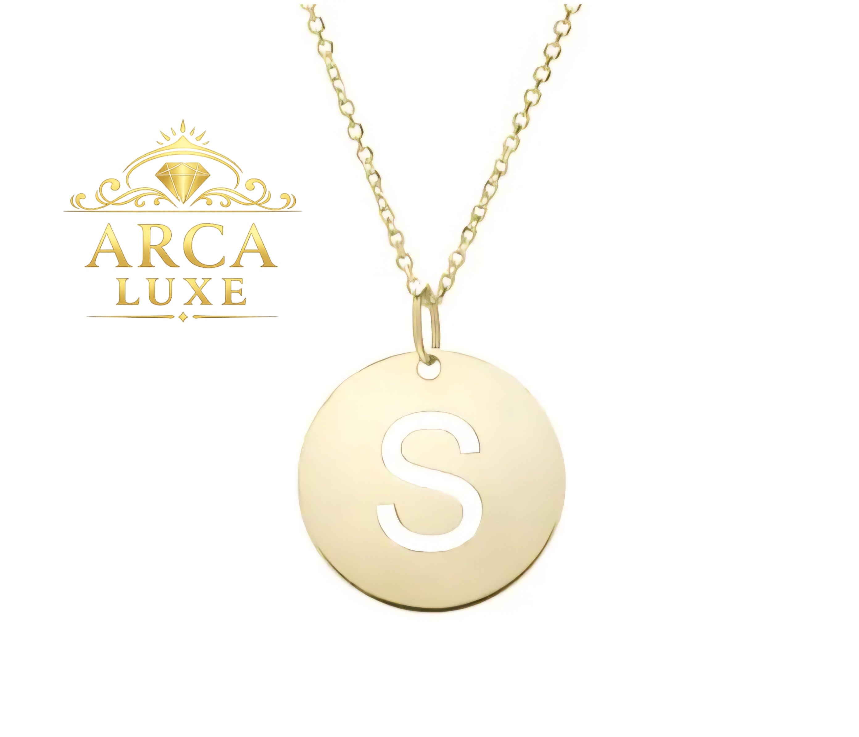 14K Solid Gold Initial Letter Disc Necklace 18" | A–Z Minimalist Pendant | Real Gold Jewelry