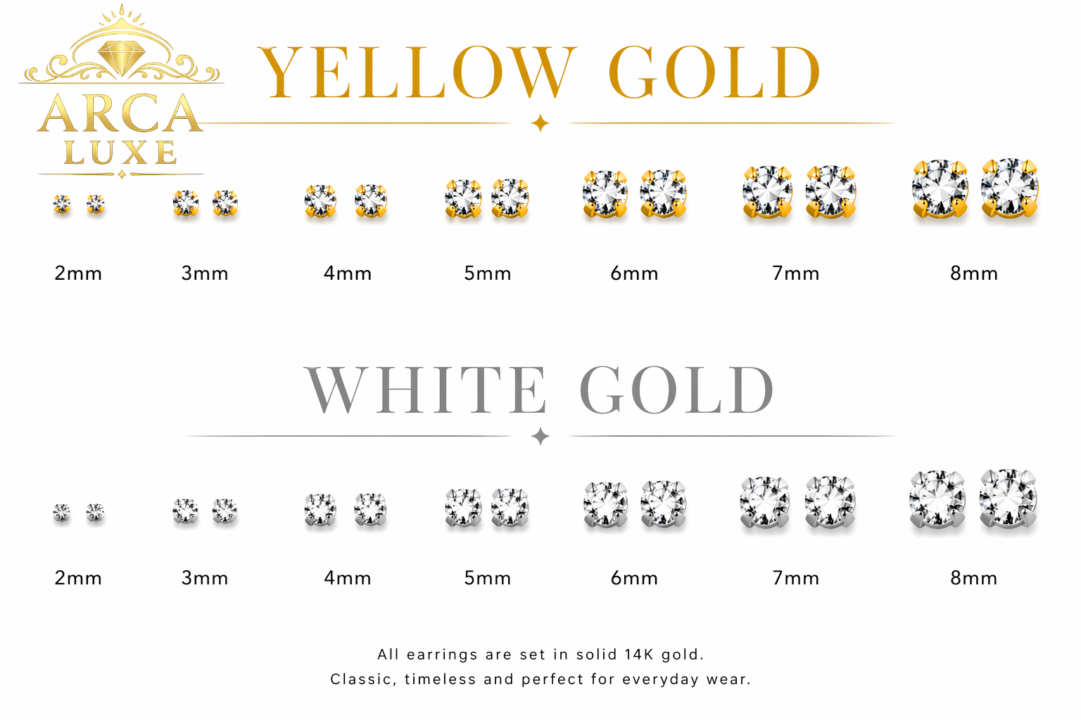 14K Solid Gold CZ Stud Earrings (Multiple Sizes)