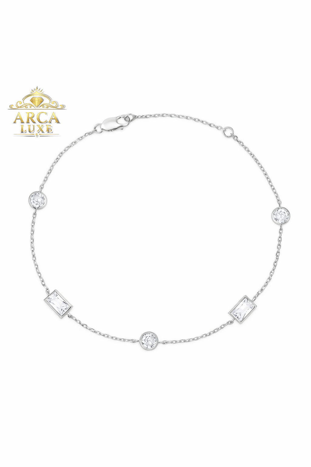 Arca Luxe 14K Gold Sapphire Bracelet – Round & Baguette White Sapphires
