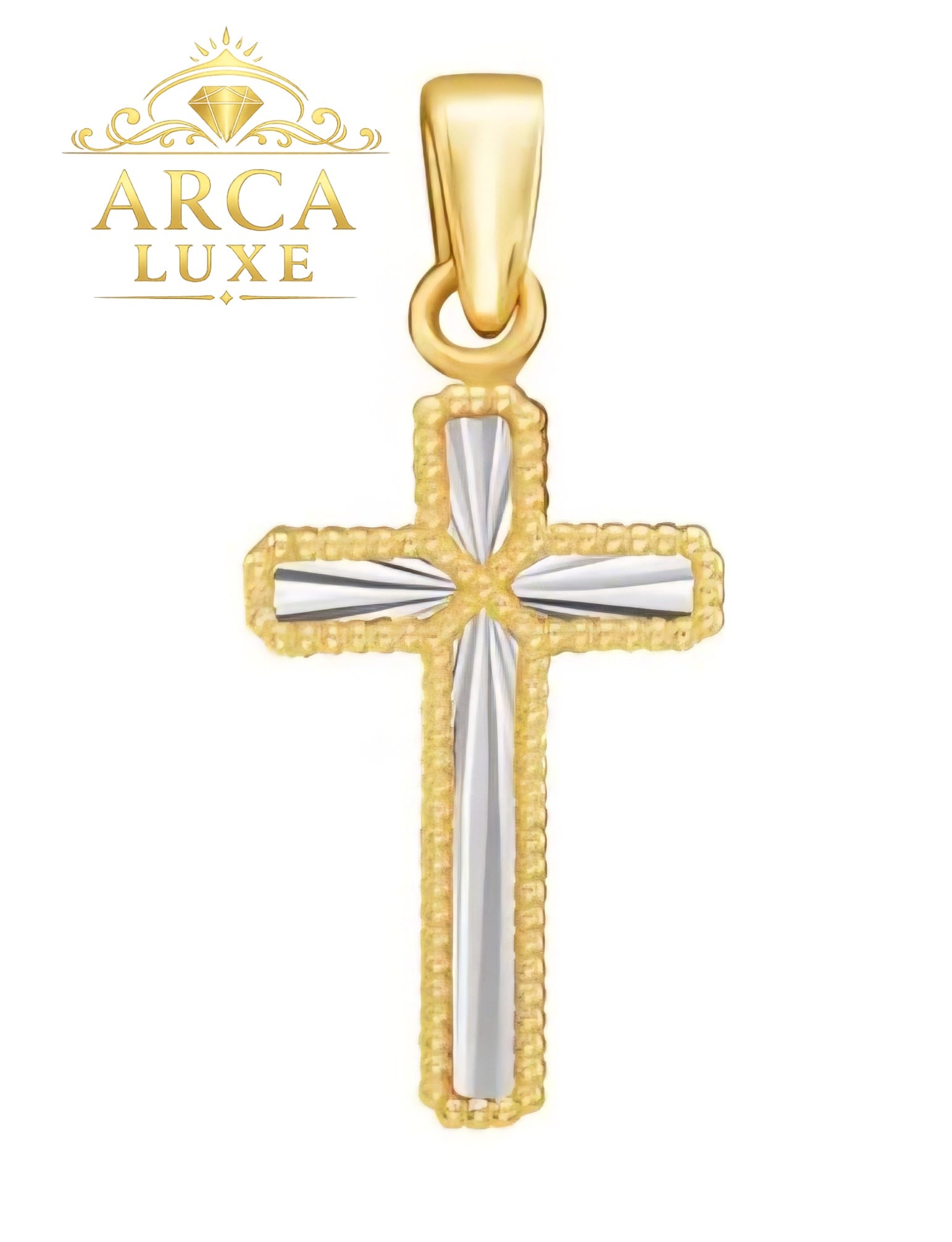 14K Reversible Two-Tone Cross Pendant – Beaded Gold Design