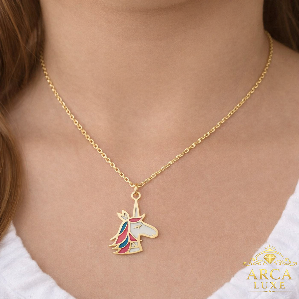 Arca Luxe 14K Solid Gold Enamel Unicorn Necklace – 14" Children's Necklace