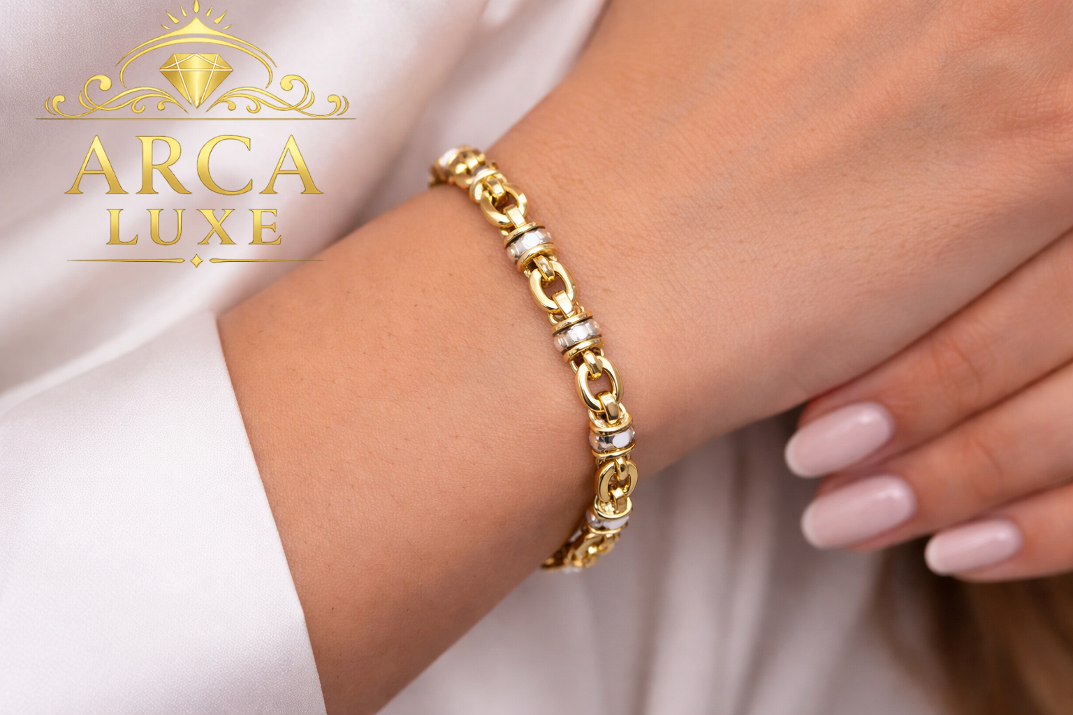 14K Two-Tone Gold Rondel Heritage Link Bracelet 7.5"