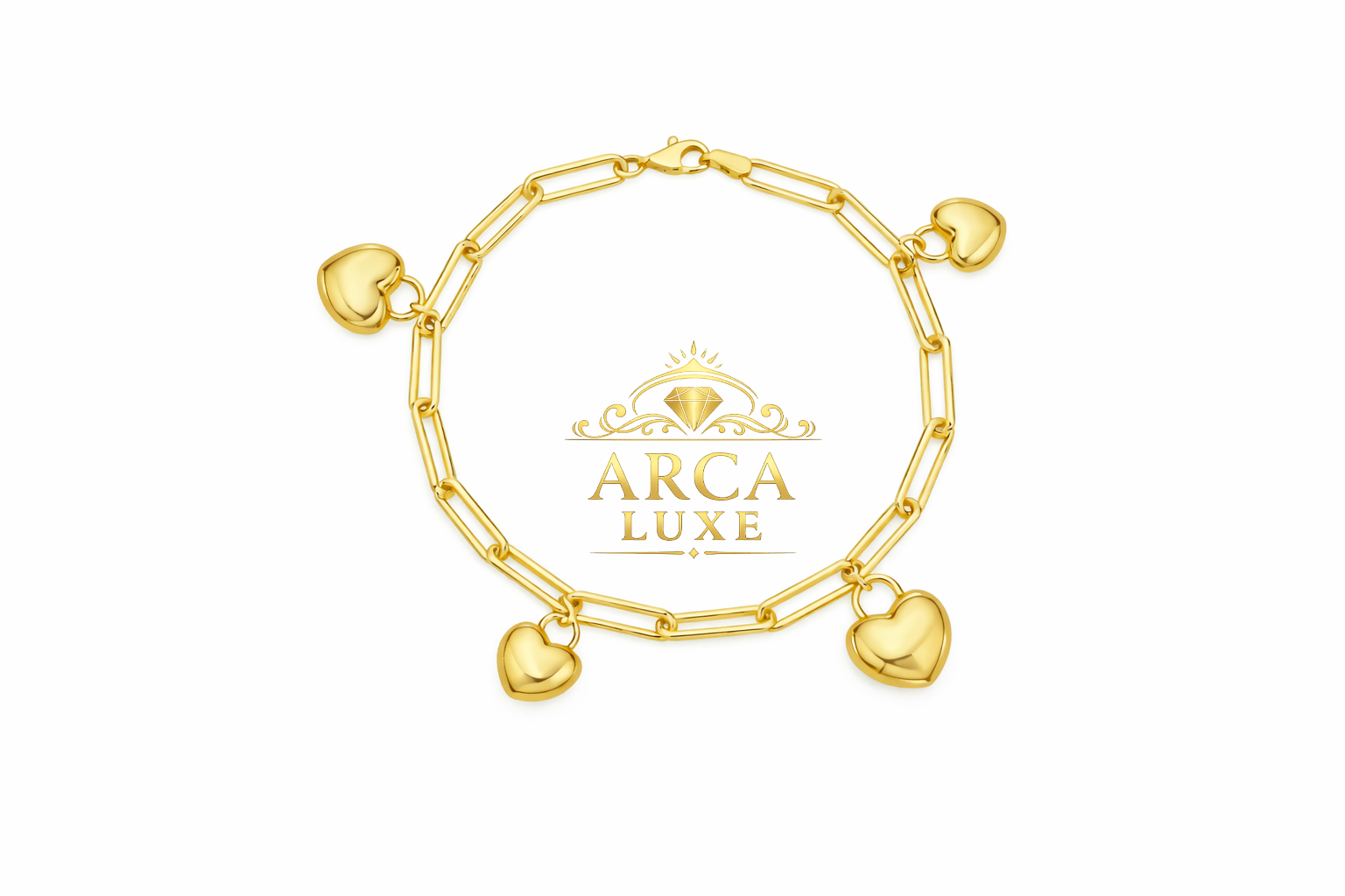 14K Gold Puffed Heart Charm Bracelet 7.25"