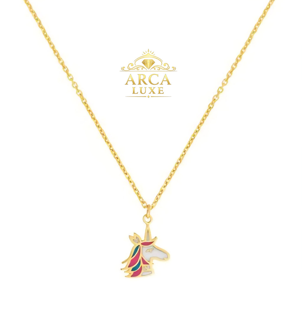 Arca Luxe 14K Solid Gold Enamel Unicorn Necklace – 14" Children's Necklace