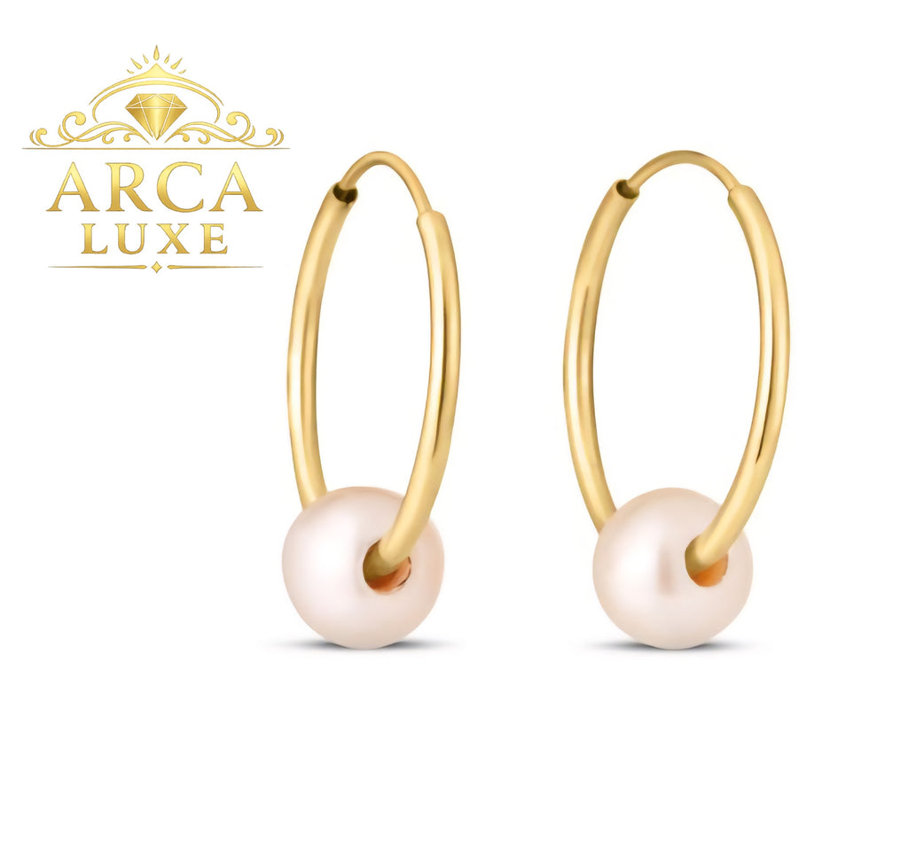 14K Solid Gold Endless Hoop Pearl Earrings Minimalist Luxury