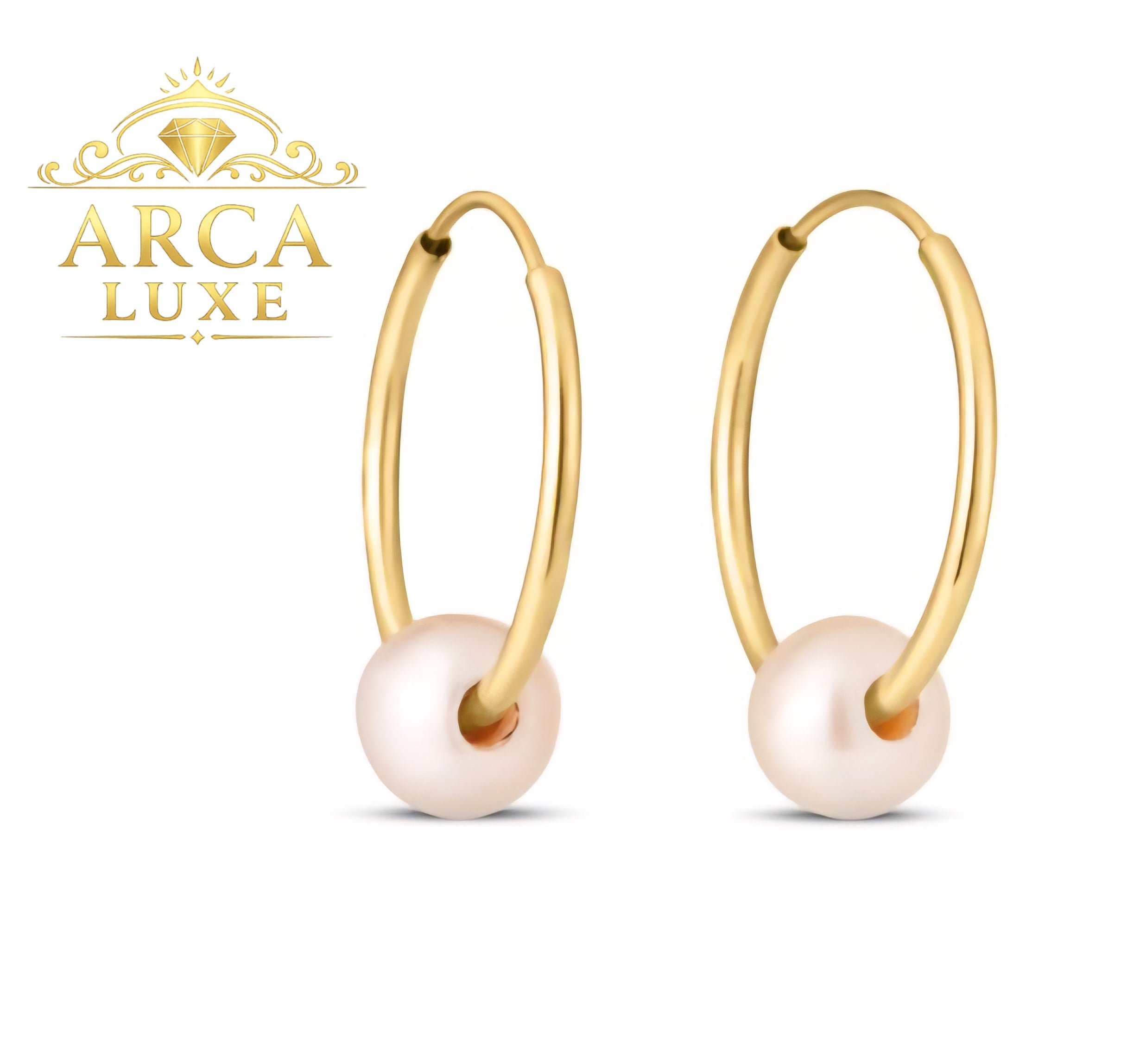 14K Solid Gold Endless Hoop Pearl Earrings Minimalist Luxury