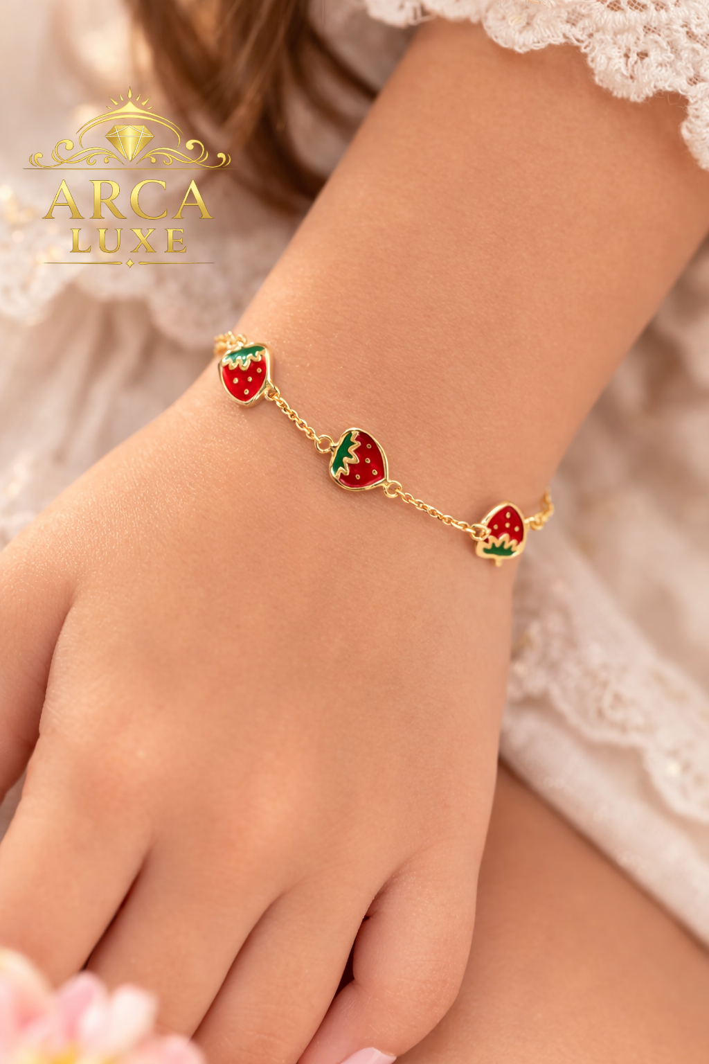 ARCA LUXE 14K Gold Enamel Strawberry Children's Bracelet 5.5"