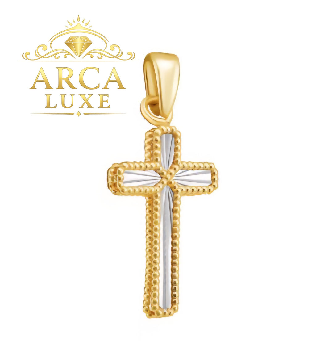 14K Reversible Two-Tone Cross Pendant – Beaded Gold Design