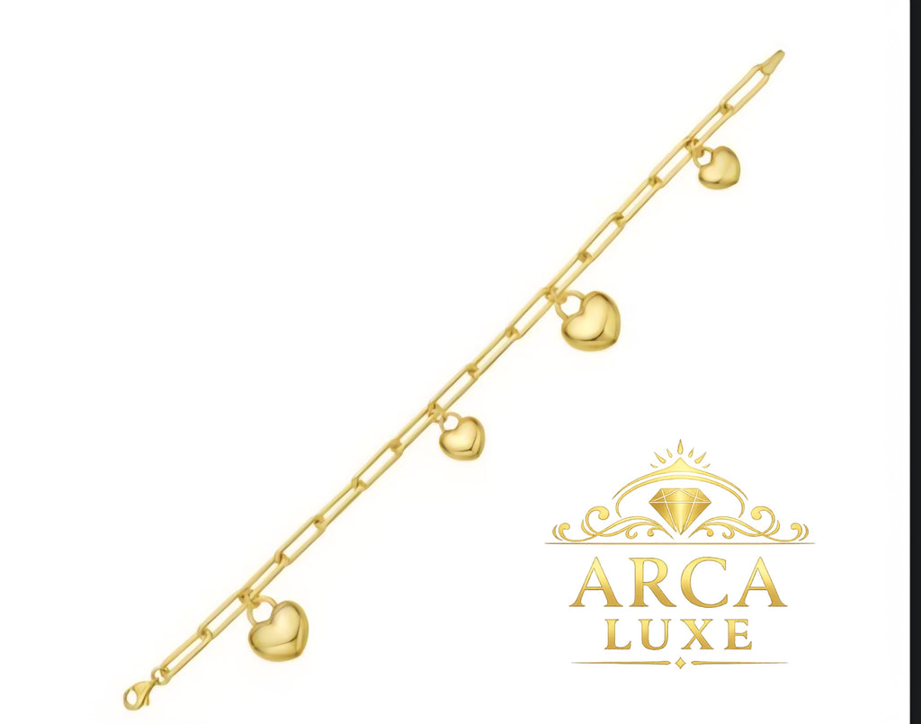 14K Gold Puffed Heart Charm Bracelet 7.25"