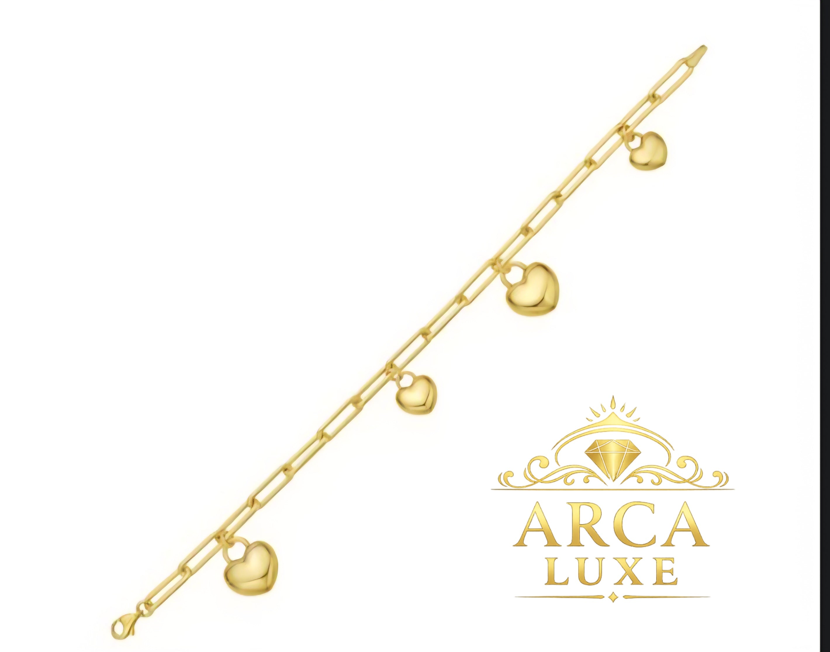 14K Gold Puffed Heart Charm Bracelet 7.25"