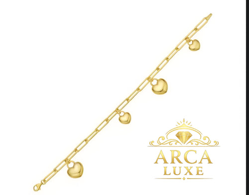 14K Gold Puffed Heart Charm Bracelet 7.25"
