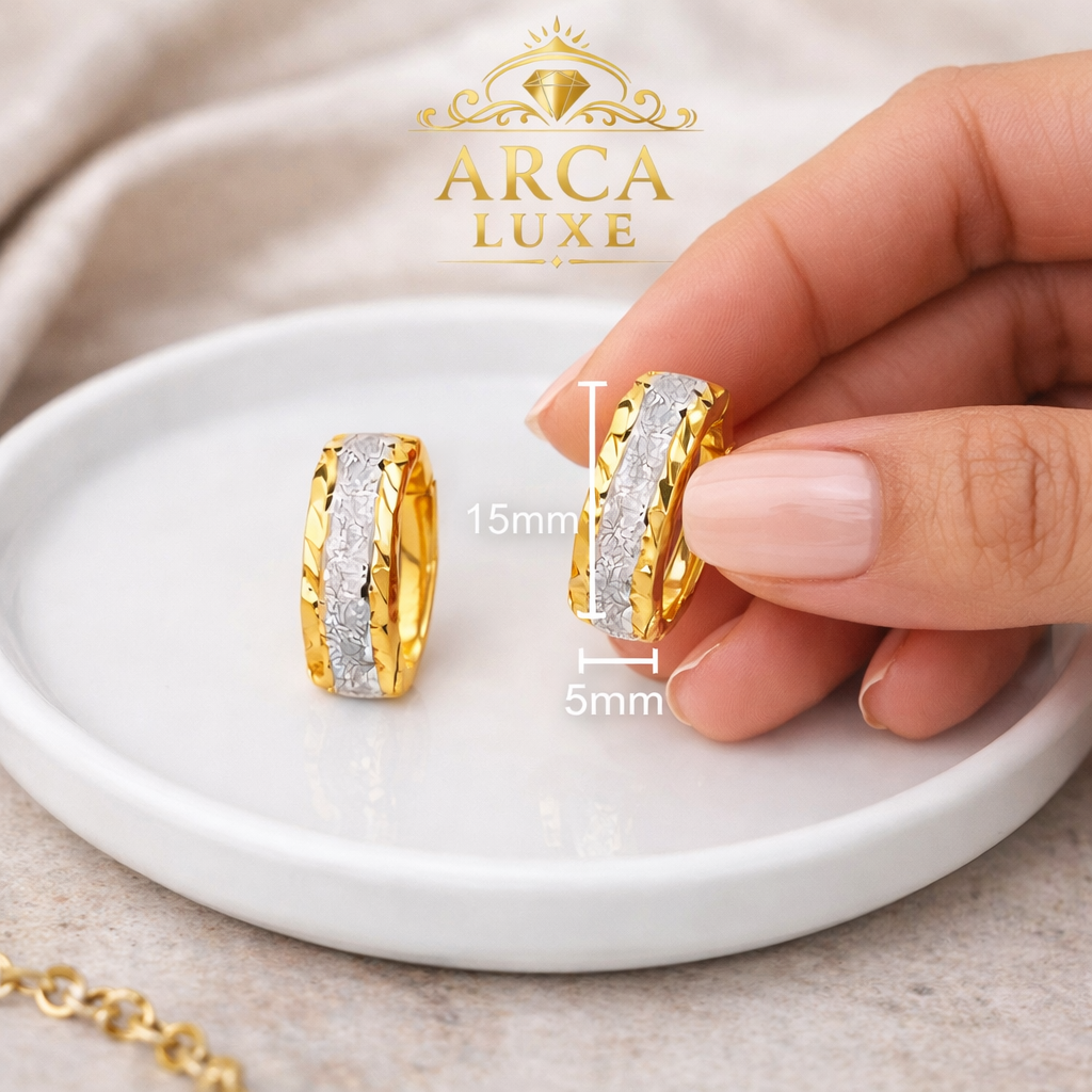 14K Solid Gold Diamond-Cut Center Huggie Earrings | Two-Tone Luxury