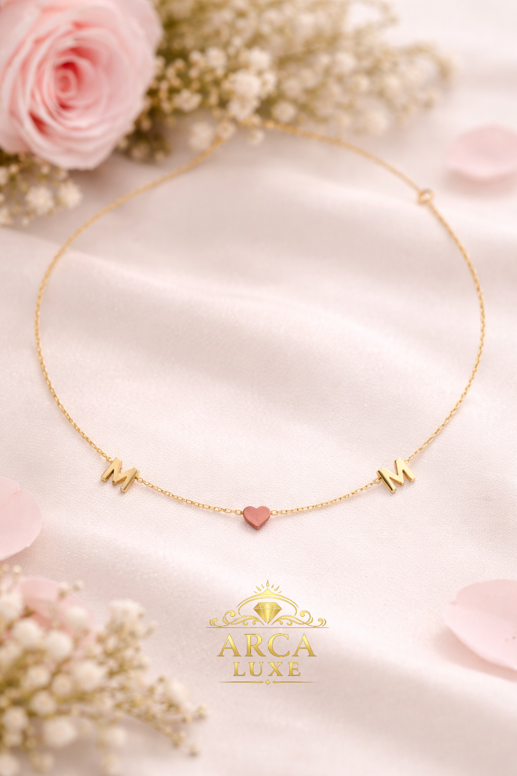 14K Solid Gold MOM Heart Necklace – Two Tone Yellow & Rose Gold 18"