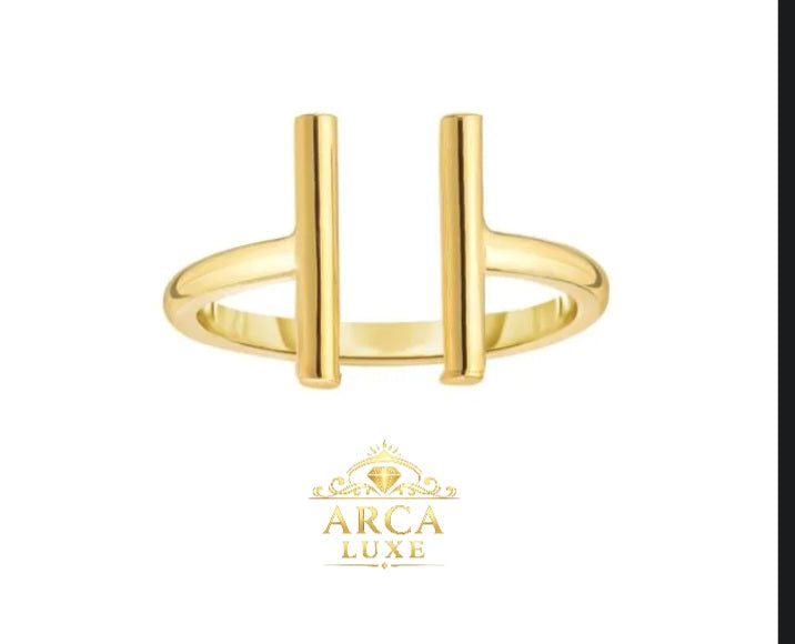 14K Solid Gold Open Double Bar Ring – Modern Minimalist Ring Size 7"