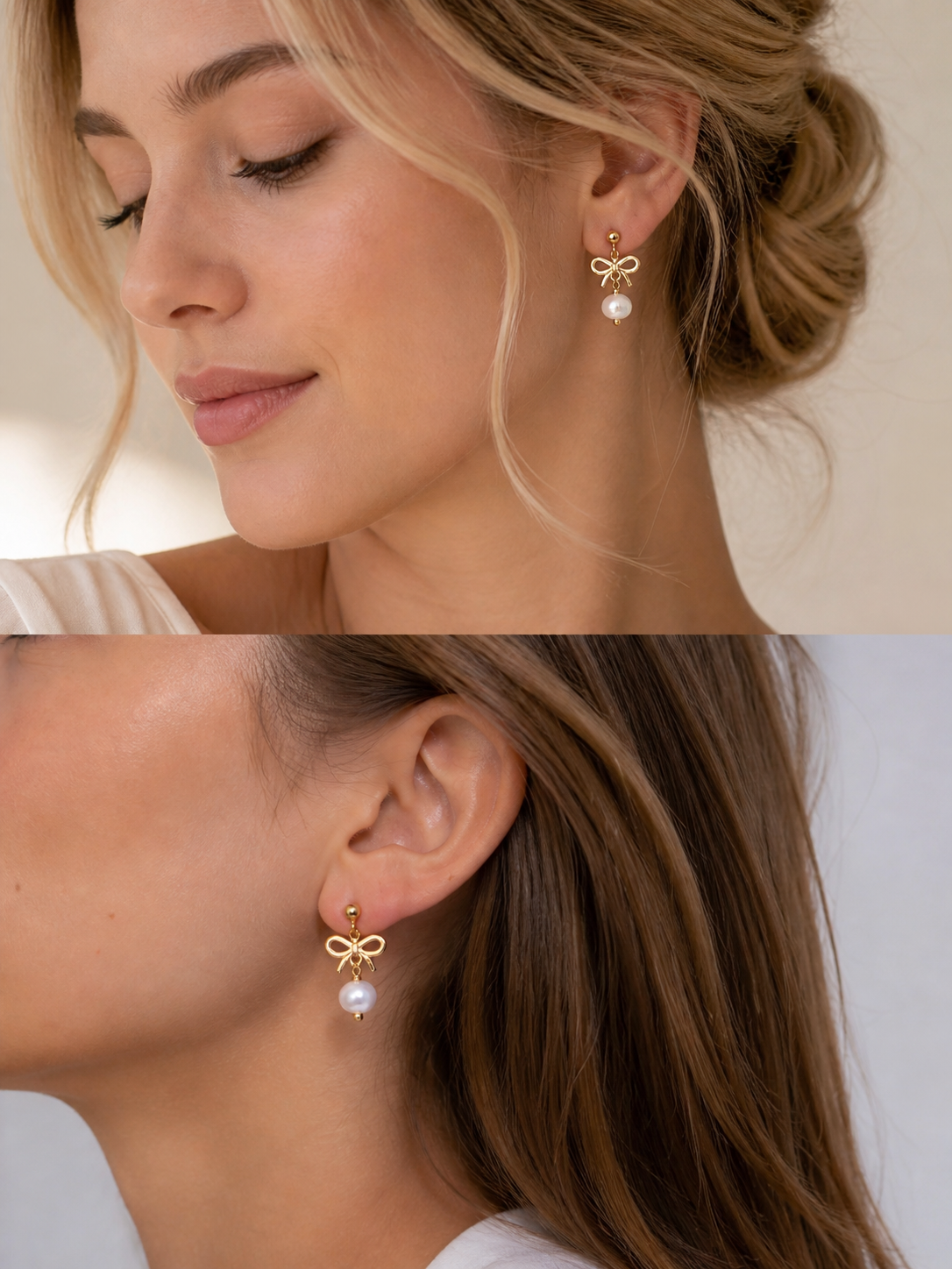 14K Solid Gold Bow Pearl Drop Earrings – Elegant Feminine Luxury