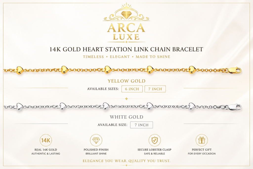 14K Solid Gold Heart Station Link Chain Bracelet