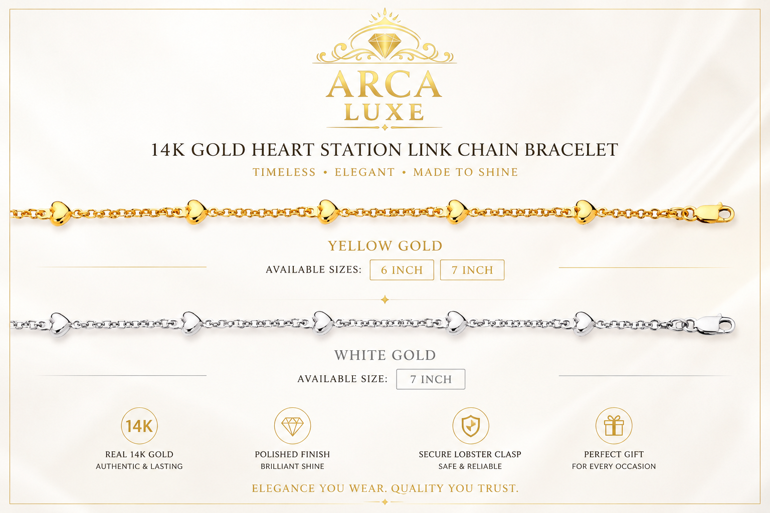 14K Solid Gold Heart Station Link Chain Bracelet