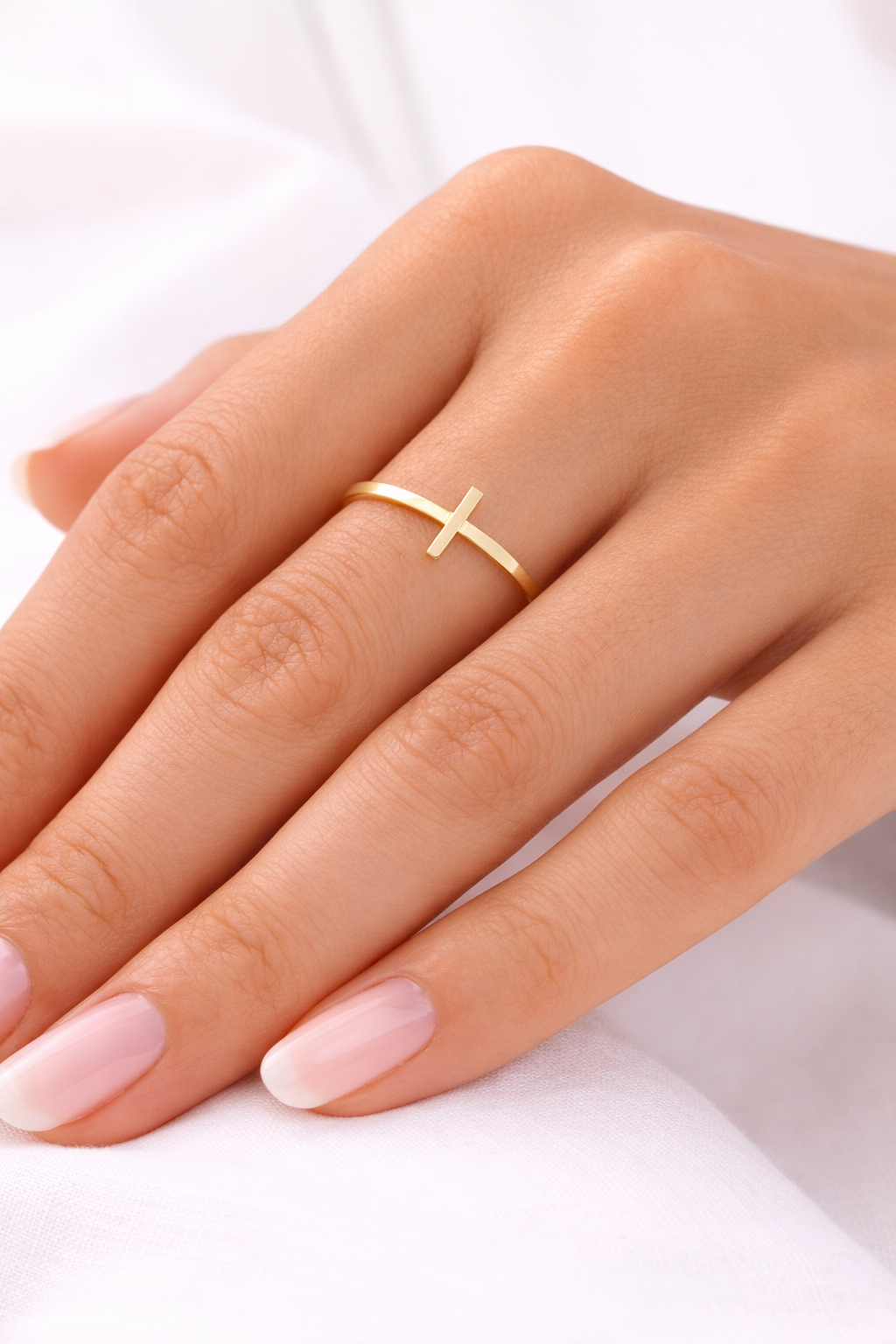 14K Solid Gold Side Cross Ring – Minimalist Faith Ring size 7"