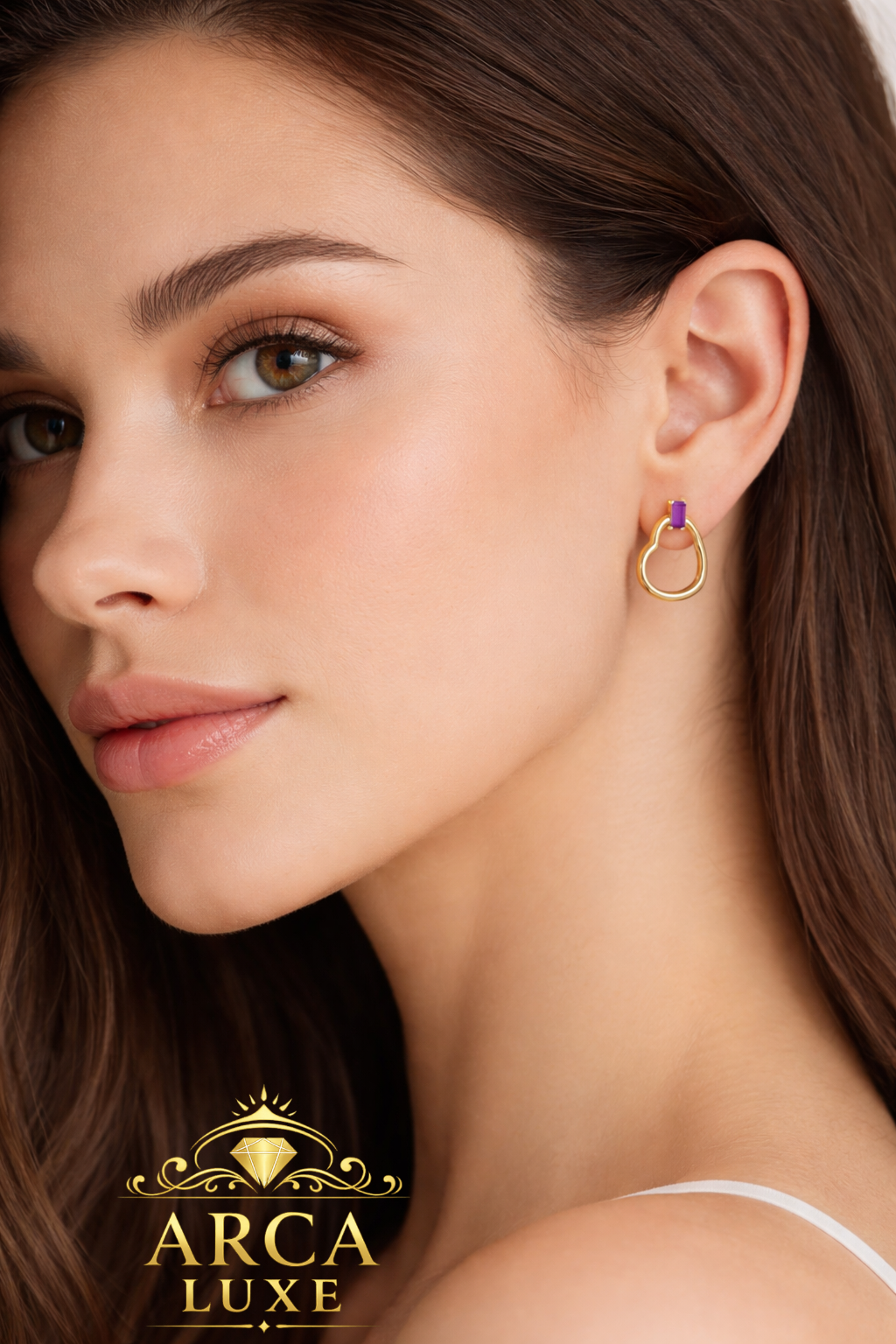 14K Solid Gold Baguette Heart Earrings with Amethyst