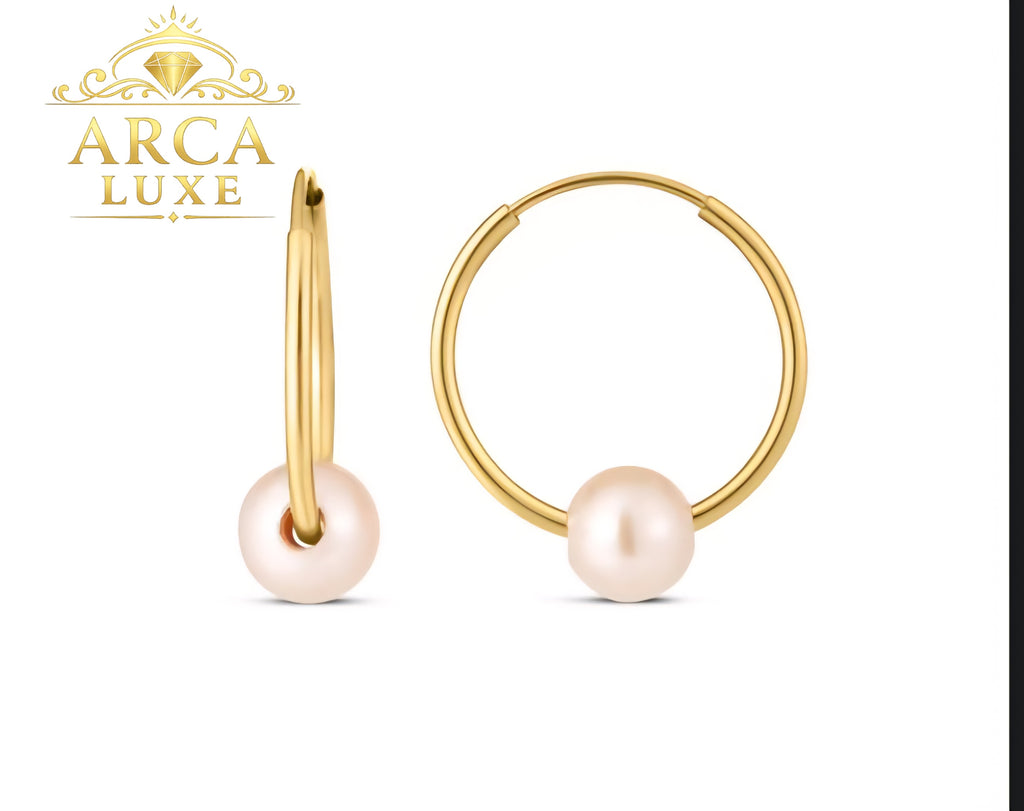 14K Solid Gold Endless Hoop Pearl Earrings Minimalist Luxury