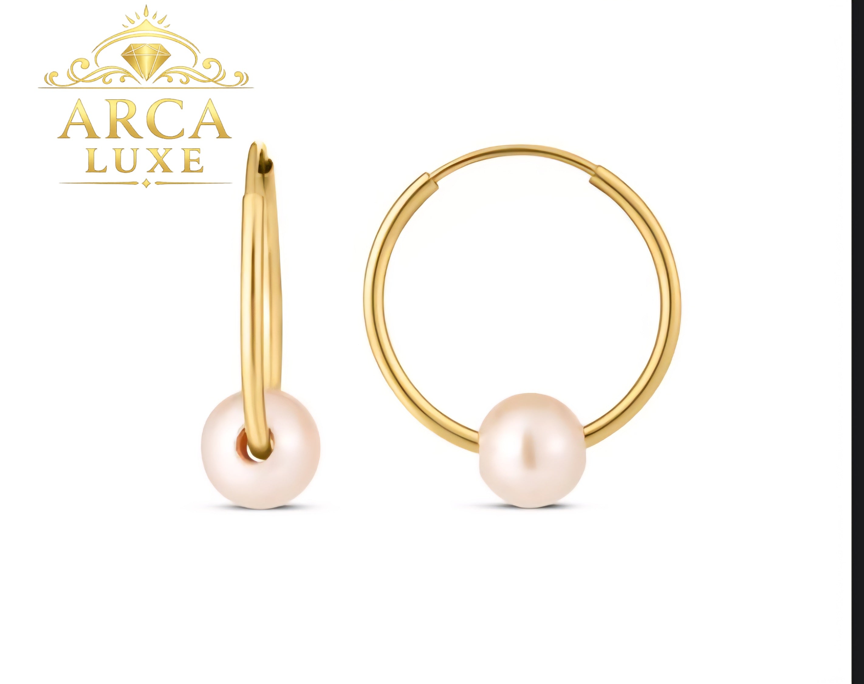 14K Solid Gold Endless Hoop Pearl Earrings Minimalist Luxury