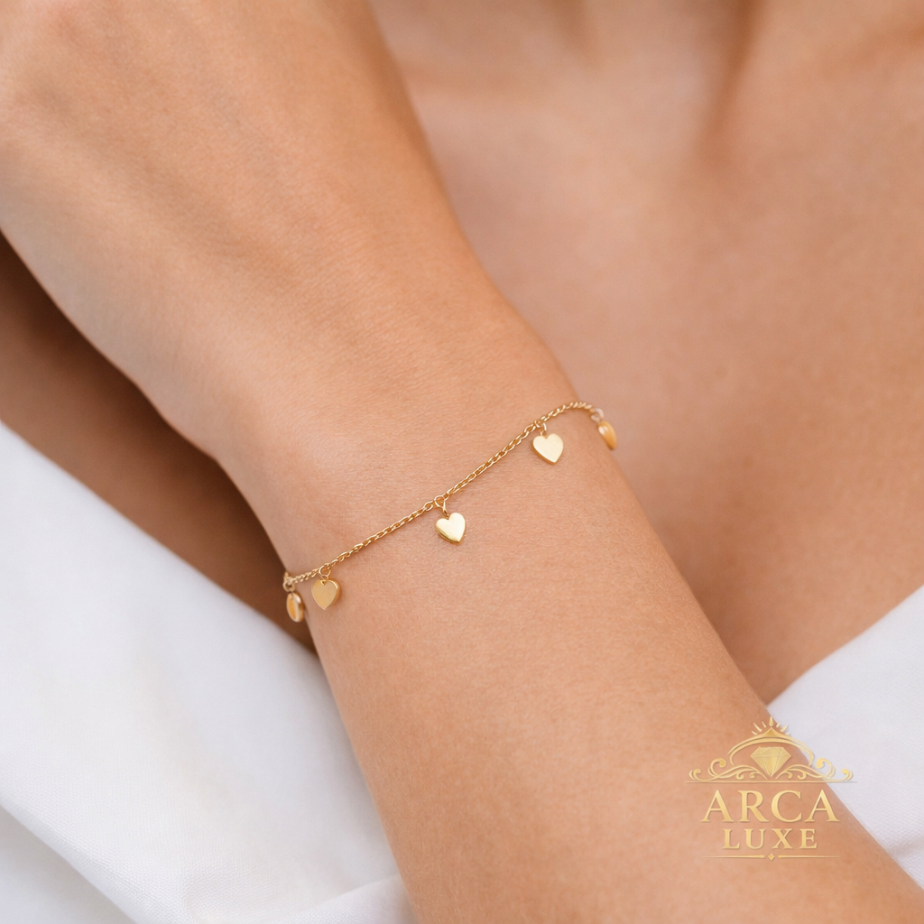 14K Yellow Gold Heart Charm Bracelet – Elegant Cable Chain 7.25”