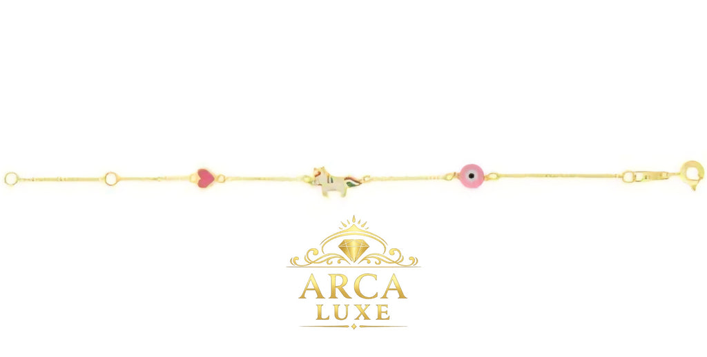 14K Solid Gold Enamel Unicorn Children's Bracelet 5.5"
