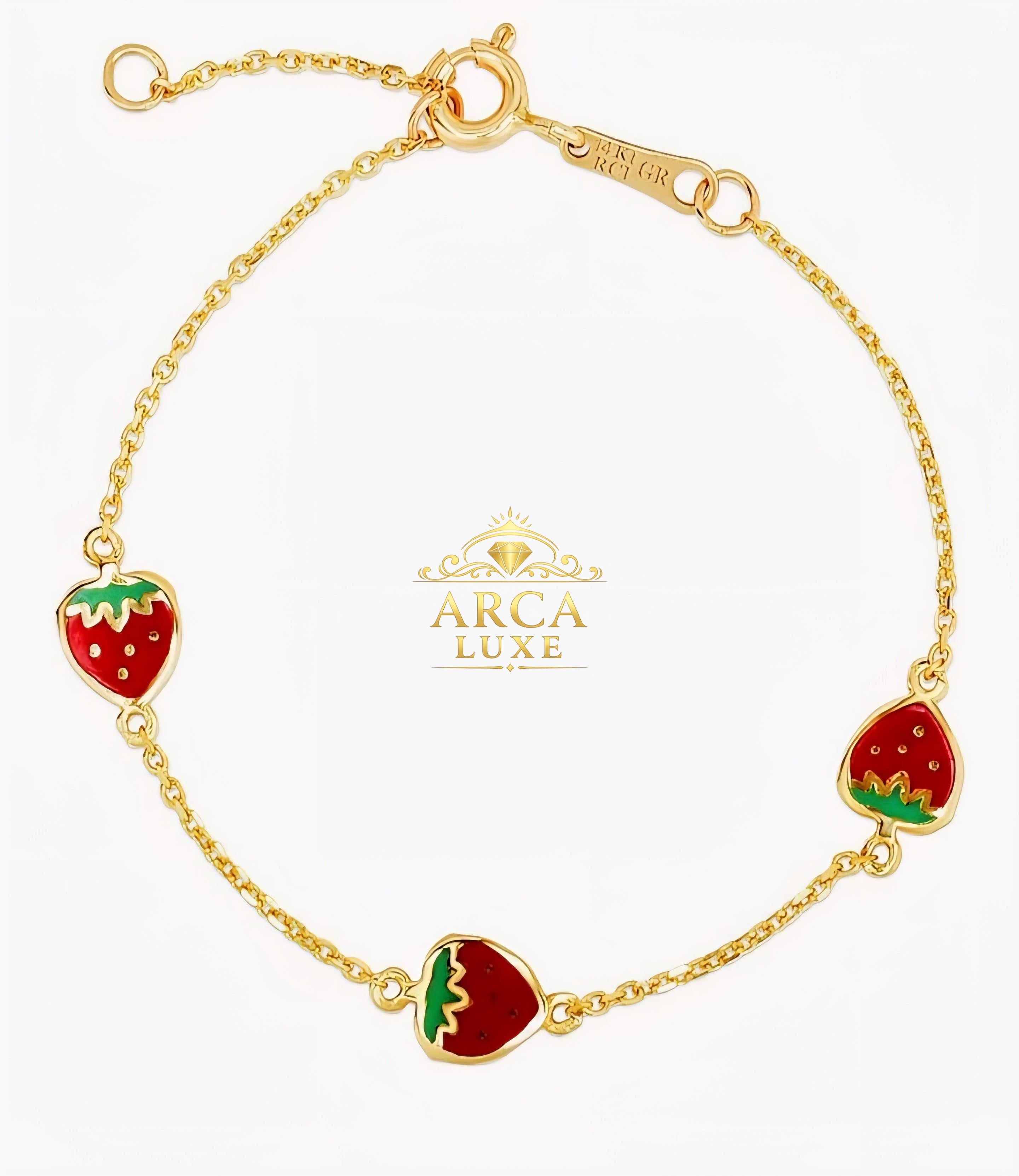 ARCA LUXE 14K Gold Enamel Strawberry Children's Bracelet 5.5"