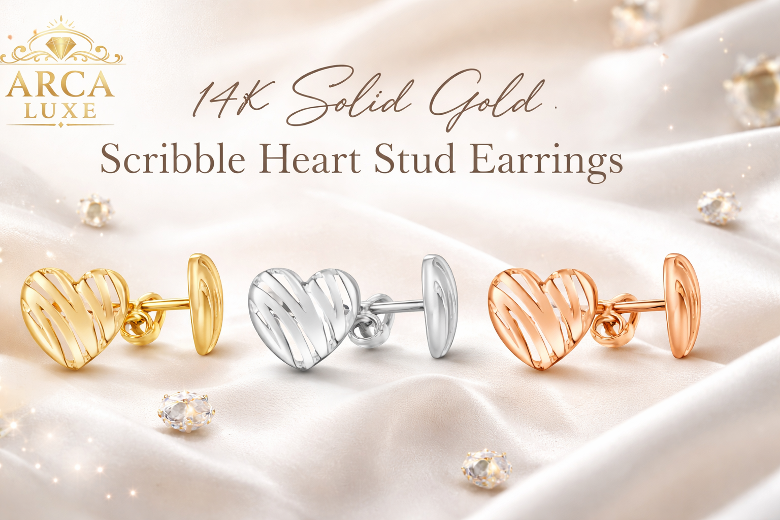 14K Solid Gold Scribble Heart Stud Earrings–Minimalist Love Design