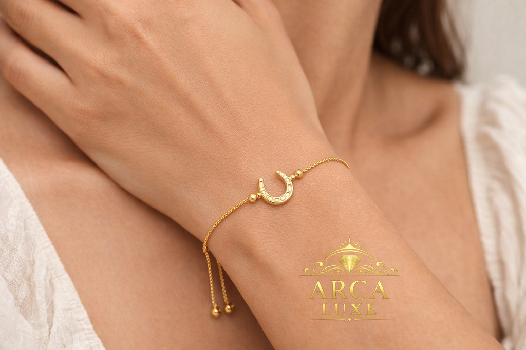 14K Solid Gold Horseshoe Adjustable Bolo Bracelet – Lucky Charm Gold Bracelet 9"