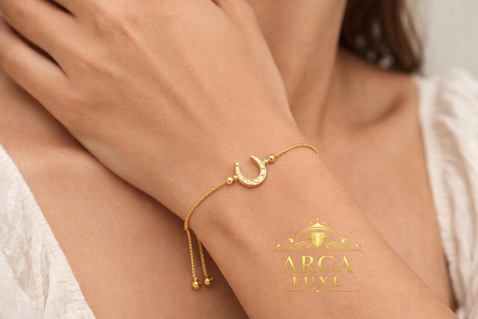 14K Solid Gold Horseshoe Adjustable Bolo Bracelet – Lucky Charm Gold Bracelet 9"