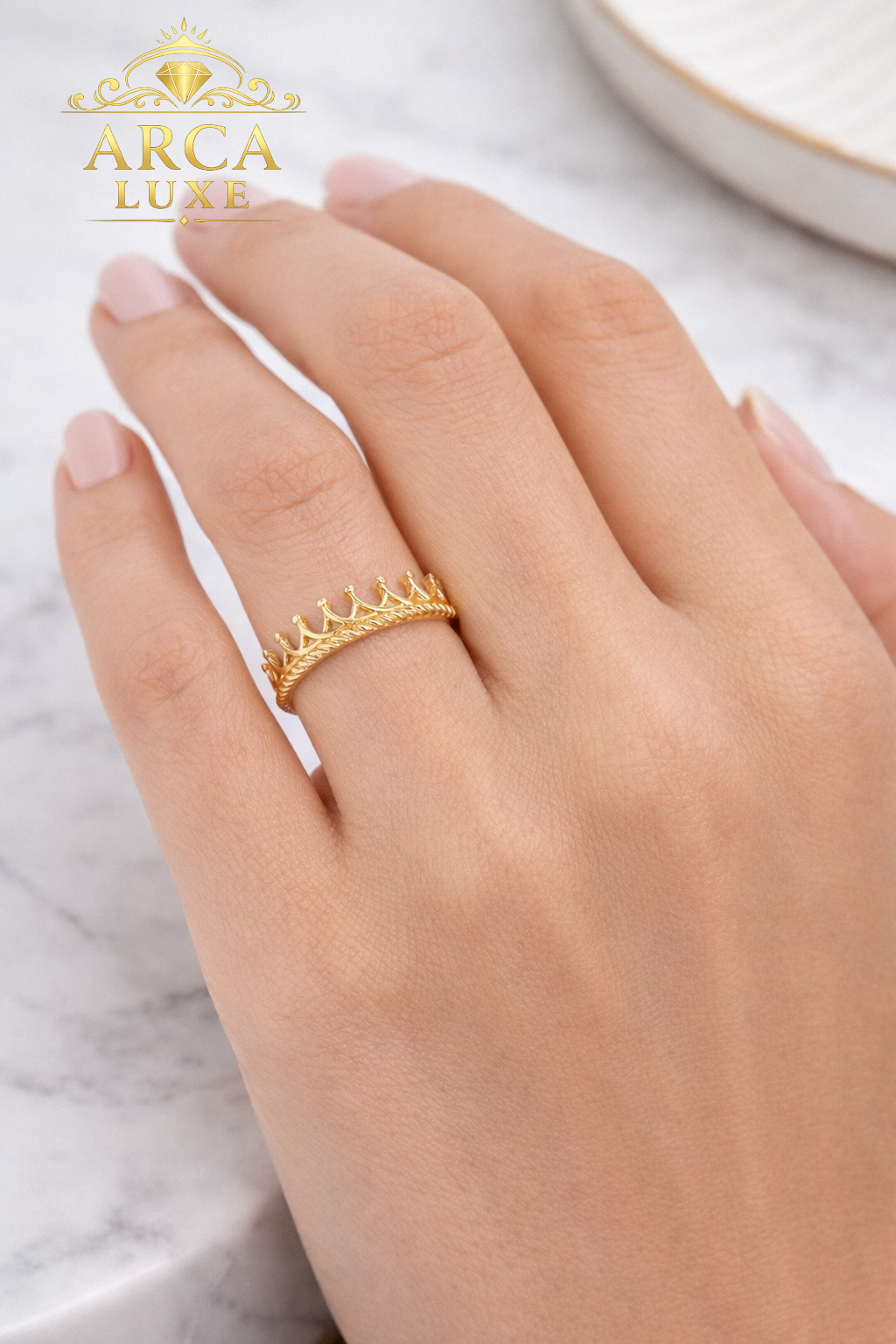 14K Solid Gold Crown Ring – Elegant Royal Design Size 7"